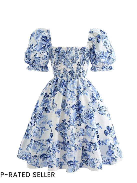 Other - Floral Bowknot Back A-Line Dress Square Neck Puff Sleeve Smocked Vacation